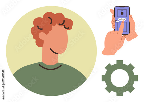 Abstract human figure with curly hair, a hand unlocking a phone screen, and a gear. Ideal for technology, problem-solving, security, digital tools, mobile apps, self-improvement simple flat metaphor