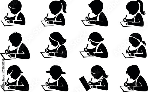 Diverse group of children silhouettes focus on learning writing and drawing at desks