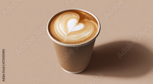 Heart latte art in paper coffee cup on simple beige background