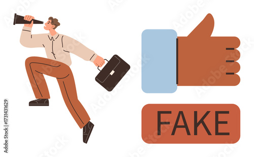 Business person holding a briefcase and telescope paired with a thumbs-up icon and Fake label. Ideal for misinformation, deception, critical thinking, online scrutiny, fraud awareness, fake news