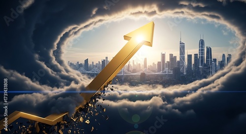 Upward arrow over a cityscape at sunrise representing progress, ambition, and future financial success