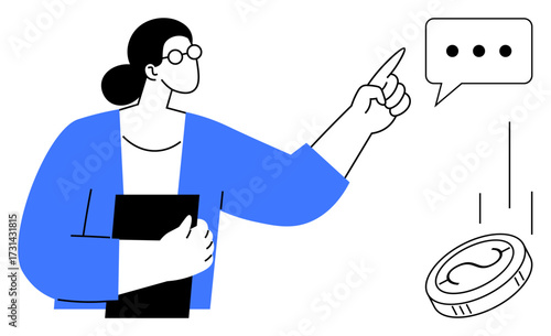 Female figure holding a folder, pointing at a speech bubble with ellipsis, coin symbolizing finance or ideas. Ideal for communication, leadership, decision-making, education, finance, innovation