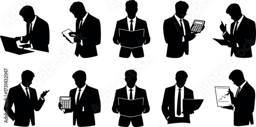Collection of silhouette business professionals in suits engaged in various activities like typing working on laptops reading documents