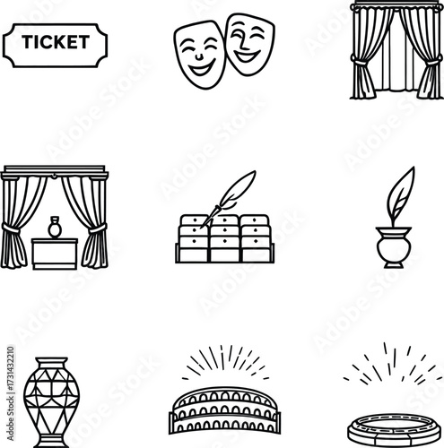 A collection of theatrical and historical icons depicted in a simple black outline style design silhouette