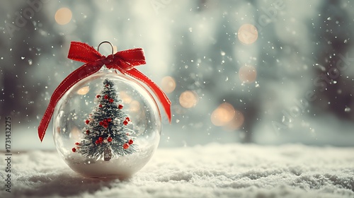 A festive christmas ornament with tiny tree inside snowy backdrop