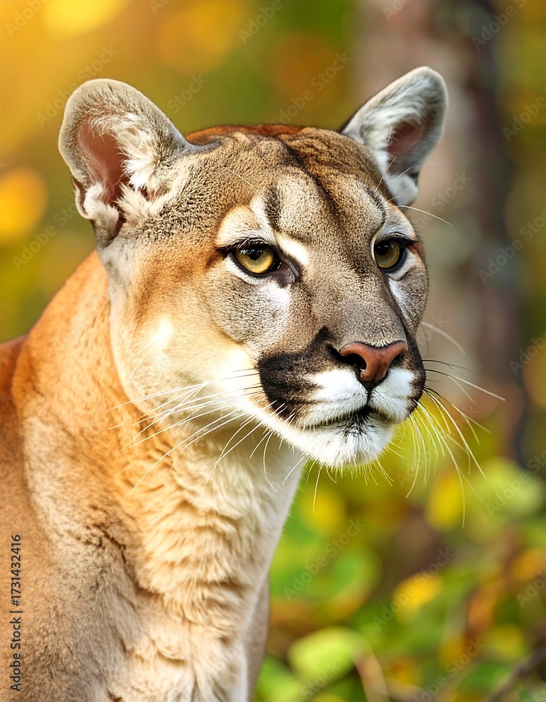 Naklejka premium Close-up of a cougar's head in autumnal forest