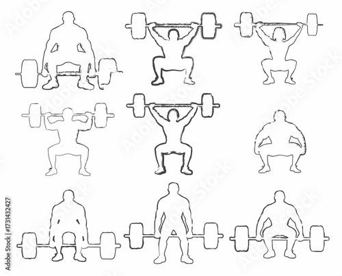 Dynamic line art depicting weightlifting poses and strength training exercises for fitness enthusiasts