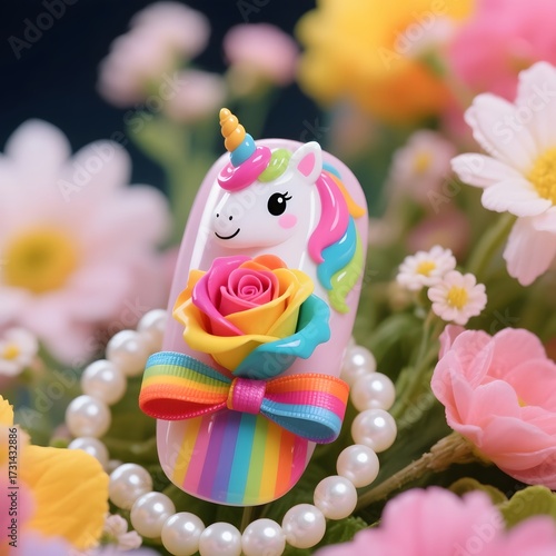 4k high quality Ai generative HD photo realistic cute pretty model design woman girl hands manicure nail artist artwork ribbon ring pearl jewelry holding rainbow colorful rose painting flower unicorn
