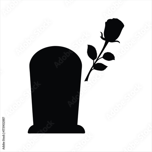 Symbolic representation of grief, remembrance, death, and mourning with tombstone and rose