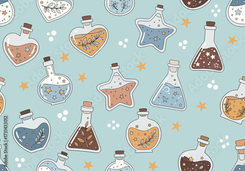 A whimsical pattern of magical potions captures celestial and botanical wonders within charmingly shaped glass bottles on a soft blue background. Vector Patterns