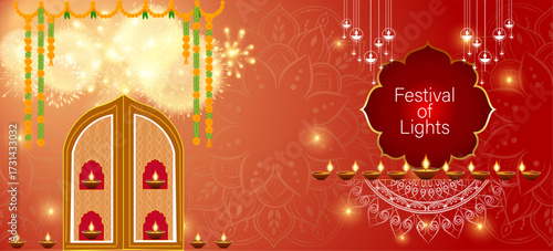 Diwali Festival Greeting Background with Glowing Oil Lamps, Traditional Rangoli Mandala Pattern, Indian Decorative Celebration Poster for Deepavali Festival of Lights Invitation and Card Design
