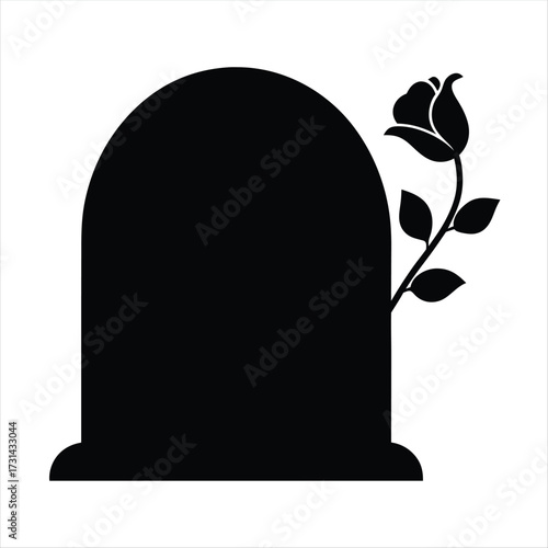 Simple black silhouette of a tombstone with a blooming rose next to it