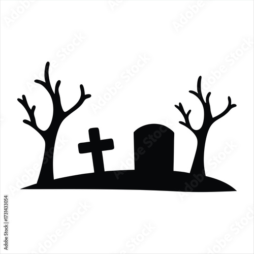 Eerie Spooky Graveyard Halloween Silhouette with Tombstones and Bare Trees Illustration