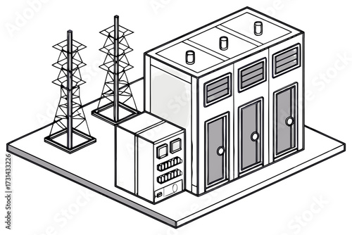 Vector illustration of isometric illustration of a power substation with electrical towers and a control building