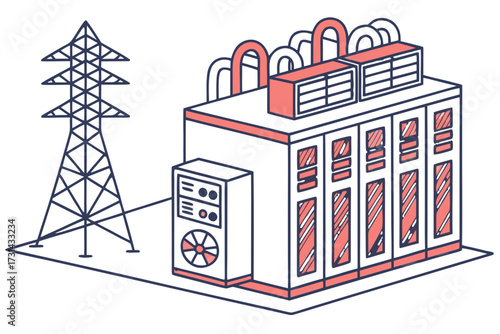 Vector illustration of stylized isometric drawing of a power substation with electrical tower and control building