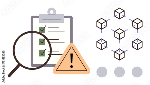 Magnifying glass over checklist, warning triangle, connected cube icons symbolizing risk, security, accuracy evaluation. Ideal for compliance, auditing, blockchain, decision making process