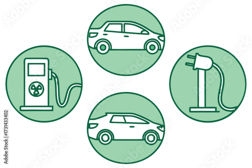 Vector illustration of set of icons representing electric cars and charging stations, illustrating the concept of electric vehicle infrastructure and sustainable transportation