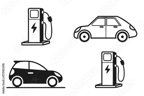 Vector illustration of collection of electric car and charging station icons in black and white, representing the growing trend of electric mobility and ecoconscious transportation
