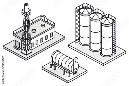 Vector illustration of industrial complex with storage tanks, factory building, and chimney
