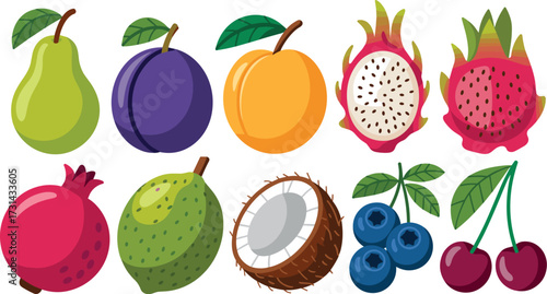 A vibrant assortment of exotic and common fruits displayed in a colorful collection for your projects