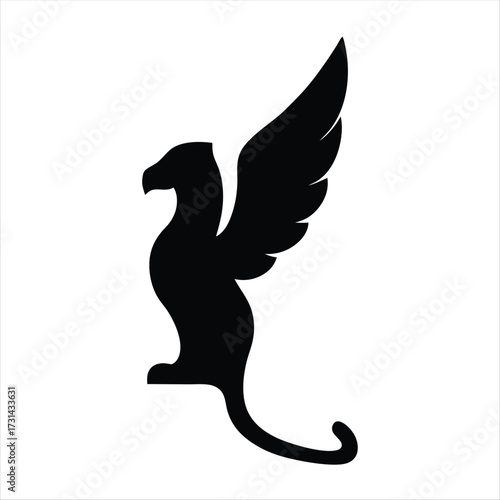 Black silhouette of a majestic griffin with a curved tail