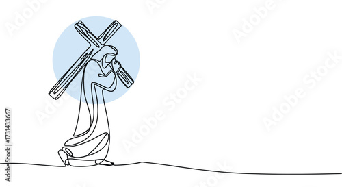 Minimalist line art of kneeling figure carrying a cross with halo, symbolizing spiritual burden, sacrifice, faith, and religious devotion