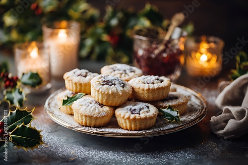 Festive mince pies with powdered sugar and holiday decorations displayed indoors