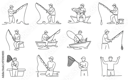 Collection of line art drawings depicting various outdoor activities and patriotic scenes for design projects