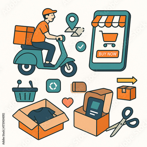 Delivery man riding scooter with packages and shopping app icons  