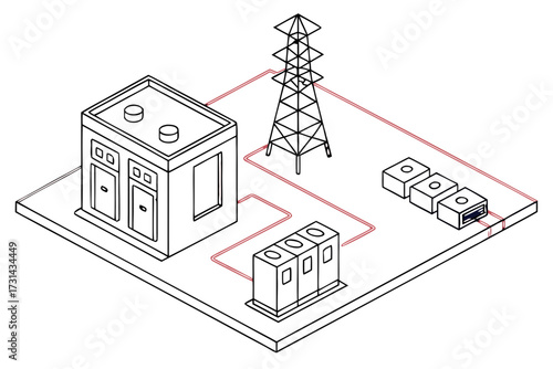 Vector illustration of isometric illustration of a building connected to a power pylon and multiple air conditioning units