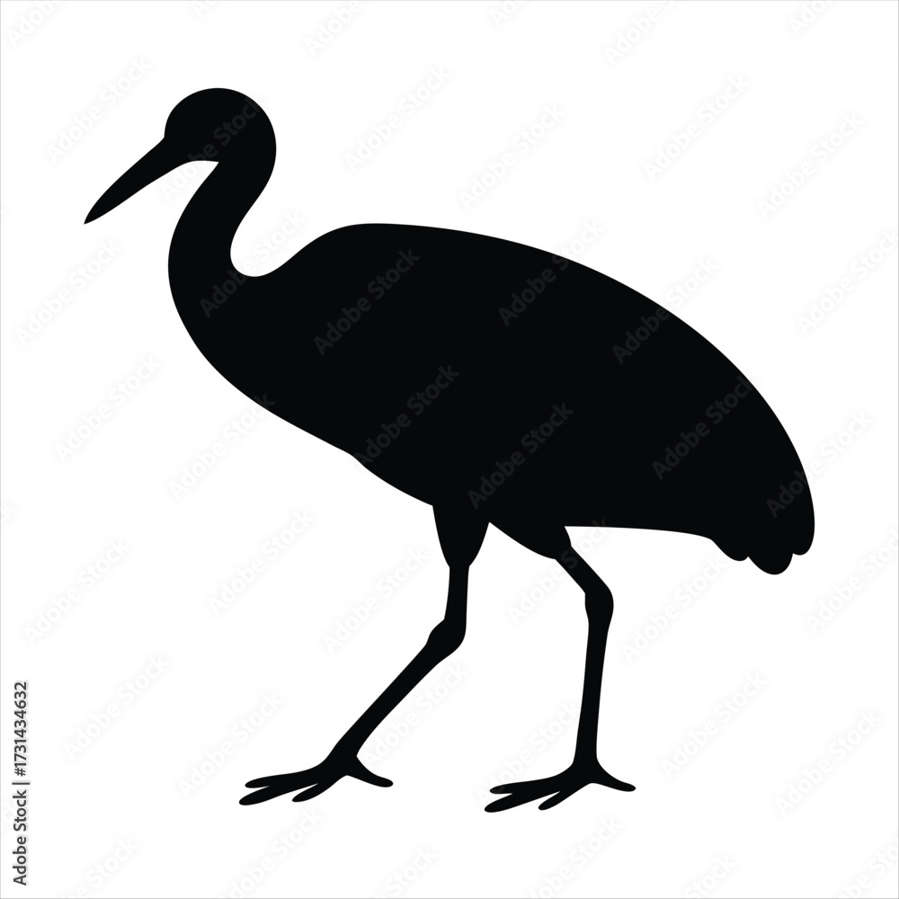 Fototapeta premium Black silhouette of a heron like bird isolated on white background