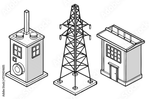 Vector illustration of set of industrial buildings and power line tower
