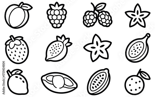 Diverse fresh fruit icons collection featuring strawberries peaches starfruit and other healthy tropical produce designs