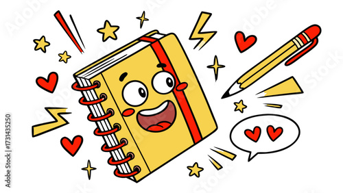 Cute cartoon sketchbook with doodles coming alive, funny art mascot illustration in playful vector style for stock, stickers, and creative icon design