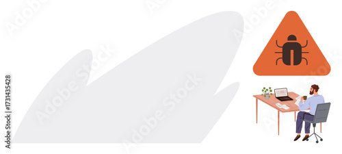 Man working on a laptop, startled by a warning sign with a bug icon. Ideal for cybersecurity, error notification, tech troubleshooting, online safety, programming issues, IT concerns, simple flat