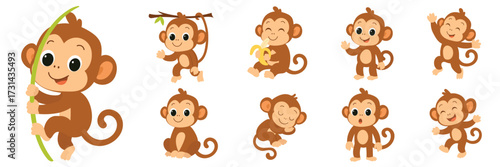 Playful Monkey Cartoon Characters in Various Poses. Hand Drawn Vector Art