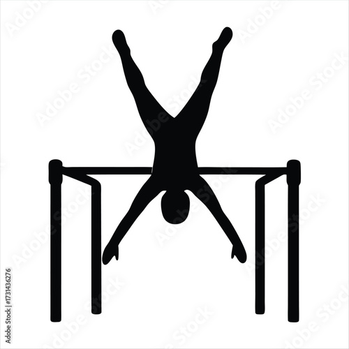 Silhouette of a gymnast performing a handstand split on parallel bars