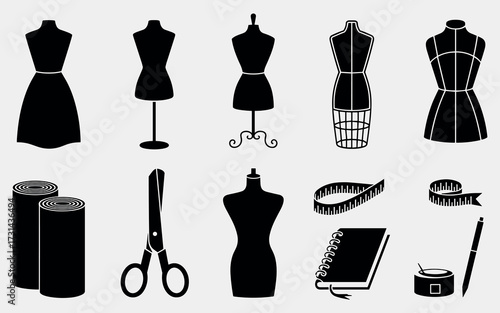 Collection of vintage sewing and tailoring tools including mannequins scissors and measuring tapes