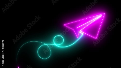 blue color paper plane flying in and out of the frame. Neon glowing Paper airplane is flying. Business success concept. One line drawing. glowing neon simple rocket icon animation
