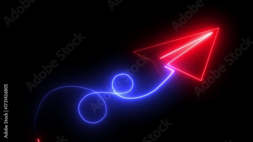 blue color paper plane flying in and out of the frame. Neon glowing Paper airplane is flying. Business success concept. One line drawing. glowing neon simple rocket icon animation