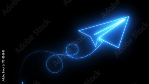 blue color paper plane flying in and out of the frame. Neon glowing Paper airplane is flying. Business success concept. One line drawing. glowing neon simple rocket icon animation
