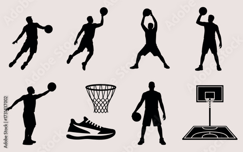Dynamic basketball player silhouettes and equipment collection for sports graphics and designs