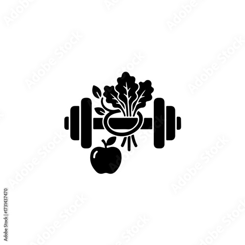 black and white vector icon elegantly combining the symbols of physical activity (a dumbbell) and healthy eating (a piece of fruit, apple). This minimalist graphic powerfully represents wellness