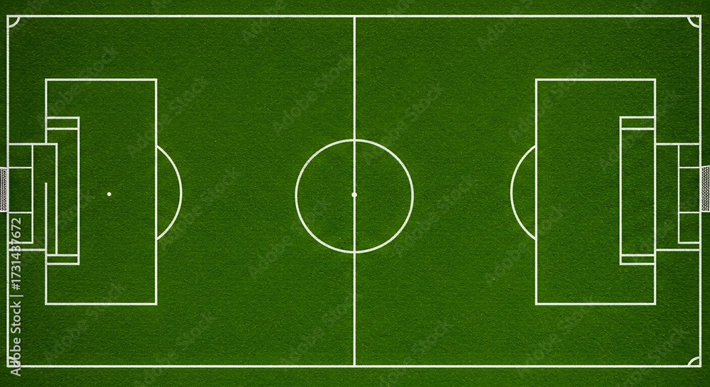 Obraz premium Overhead view of a digitally rendered soccer field with visible markings