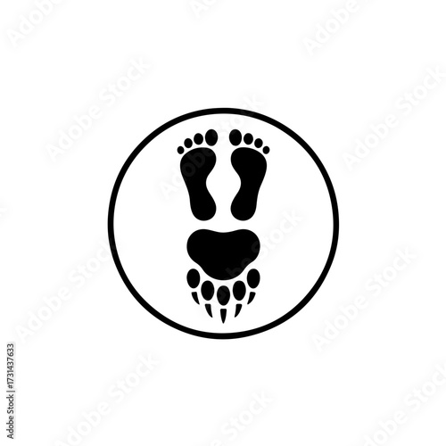A minimalist black and white vector icon featuring two opposing footprints: one representing a human foot and the other, a wild animal paw print (e.g., bear claw)