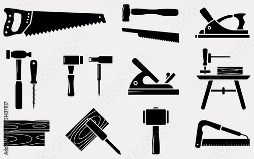 Collection of hand tools for woodworking and carpentry including saws chisels planes and hammers