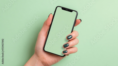 A woman's hand with a dark green manicure holds a smartphone with a blank screen against a coordinating light green background for a mockup display