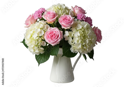 Fototapeta Naklejka Na Ścianę i Meble -  Beautiful bouquet of pink roses and white hydrangeas in a cream pitcher isolated on transparent background
