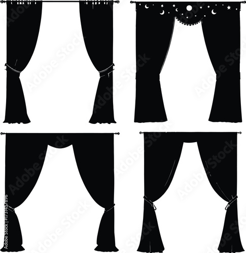 A black and white image showcasing four different curtain styles on a white background illustration silhouette