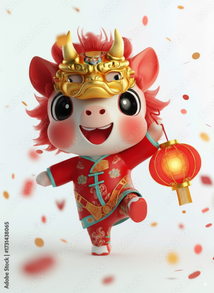 Fototapeta premium Cheerful Red Chinese Zodiac Pig on a Golden Pot with a Crown